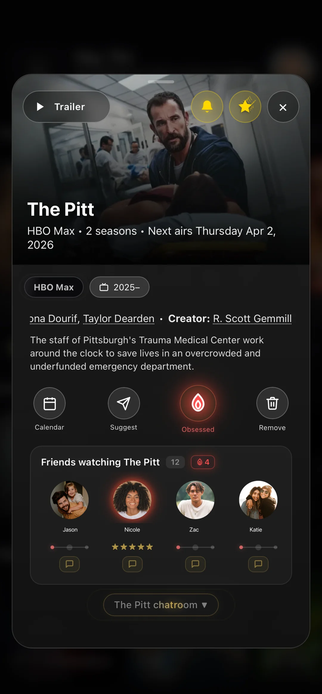 onNext show page for The Pitt, with friends watching